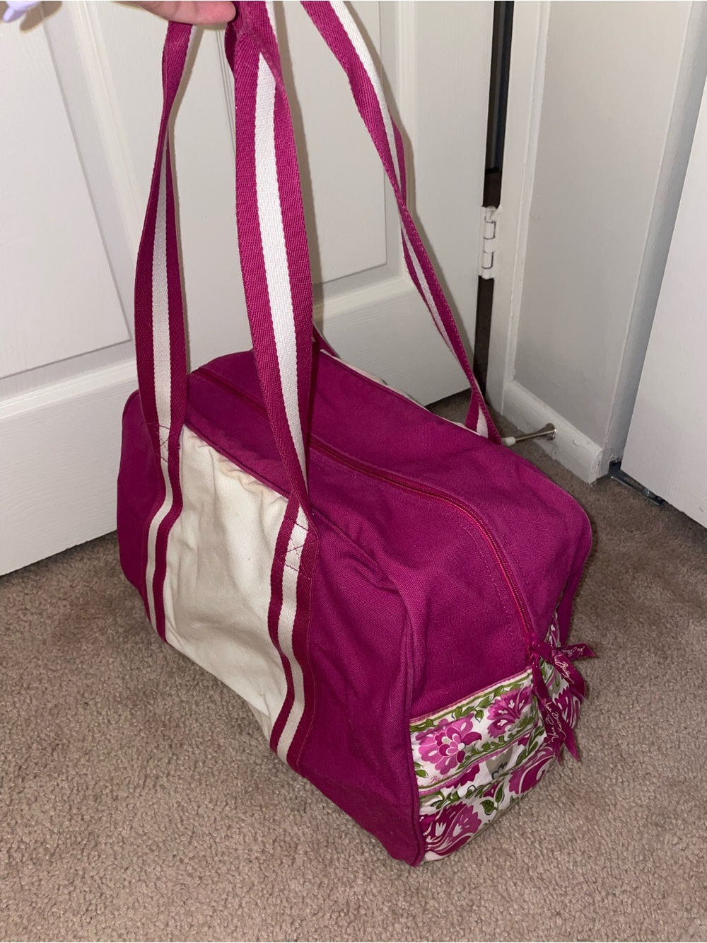 Vera Bradley Fuchsia and White Canvas Travel Tote